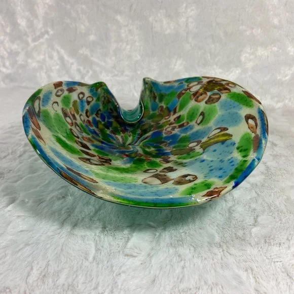 Vintage Mid century  Murano Italian Colorful Confetti Glass Bowl Teal Silver - Picture 2 of 12